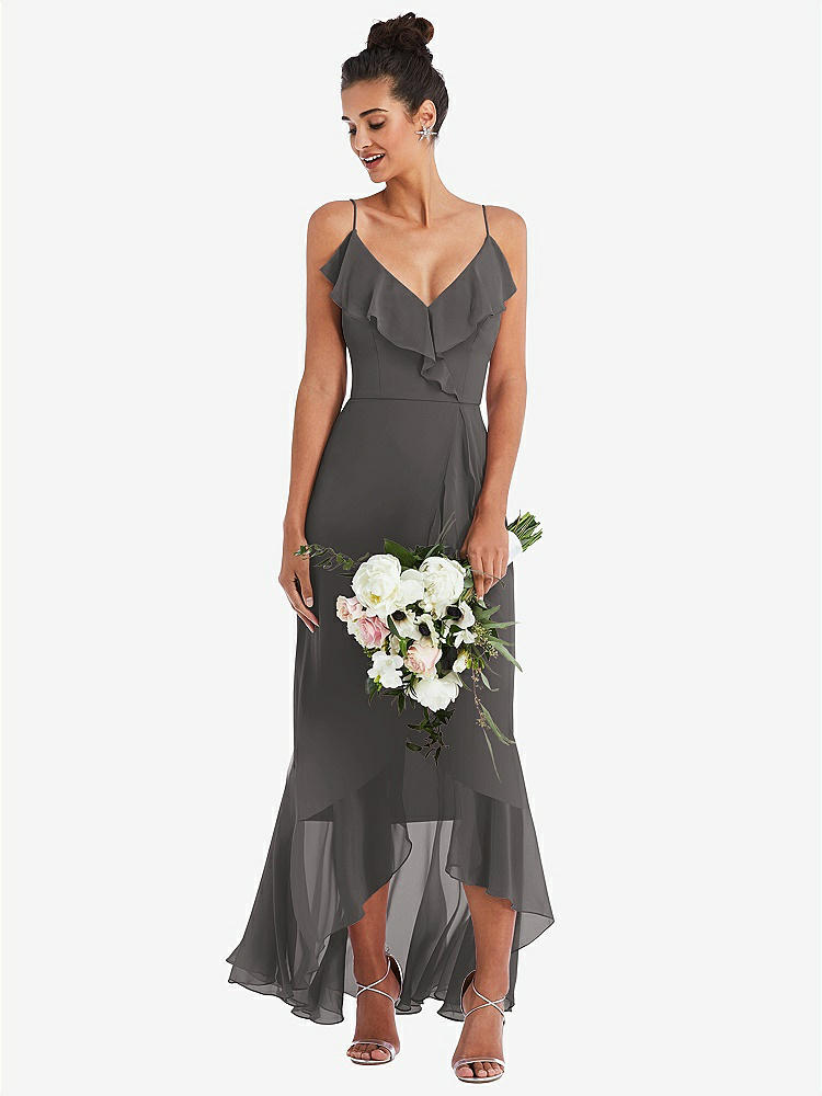 【NEW】【STYLE: TH040】Ruffle-Trimmed V-Neck High Low ラップ ドレス【COLOR: Caviar Gray】【SIZE: 00-30W】