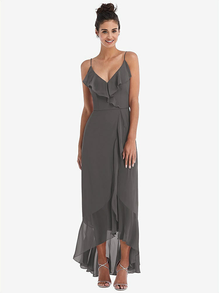 【NEW】【STYLE: TH040】Ruffle-Trimmed V-Neck High Low ラップ ドレス【COLOR: Caviar Gray】【SIZE: 00-30W】