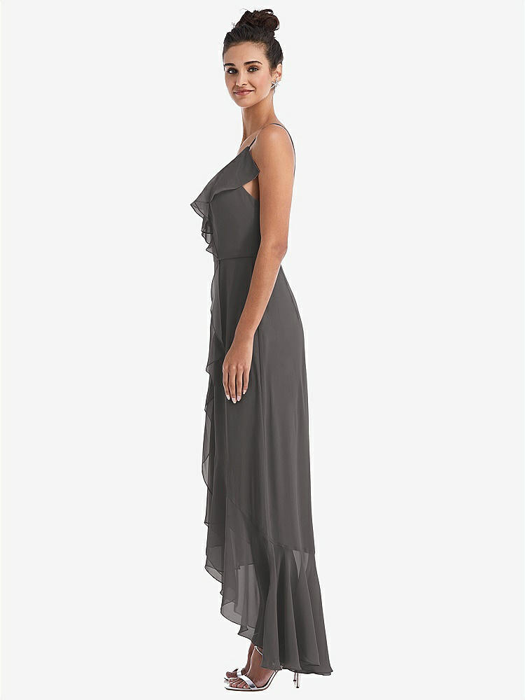 【NEW】【STYLE: TH040】Ruffle-Trimmed V-Neck High Low ラップ ドレス【COLOR: Caviar Gray】【SIZE: 00-30W】