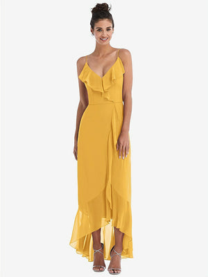 【STYLE: TH040】Ruffle-Trimmed V-Neck High Low Wrap Dress【COLOR: NYC Yellow】
