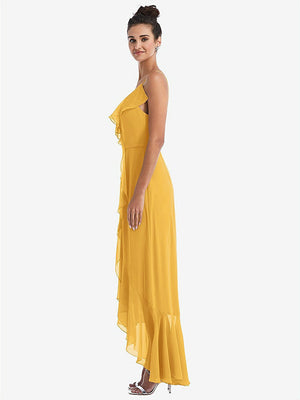 【STYLE: TH040】Ruffle-Trimmed V-Neck High Low Wrap Dress【COLOR: NYC Yellow】