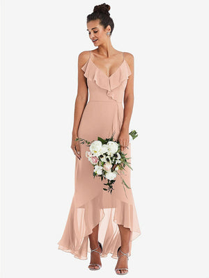【STYLE: TH040】Ruffle-Trimmed V-Neck High Low Wrap Dress【COLOR: Pale Peach】