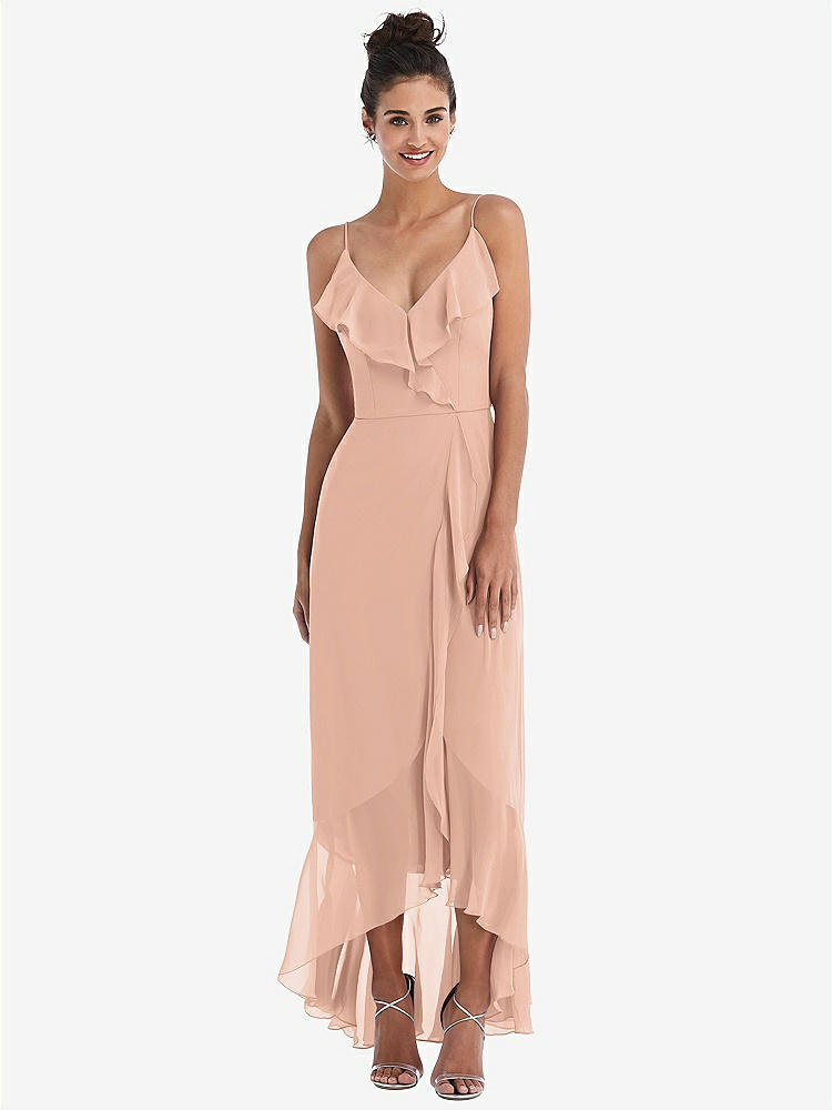 【STYLE: TH040】Ruffle-Trimmed V-Neck High Low Wrap Dress【COLOR: Pale Peach】