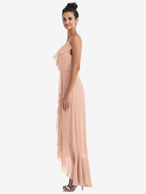 【STYLE: TH040】Ruffle-Trimmed V-Neck High Low Wrap Dress【COLOR: Pale Peach】