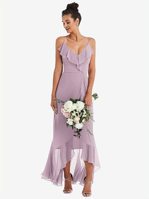 【STYLE: TH040】Ruffle-Trimmed V-Neck High Low Wrap Dress【COLOR: Suede Rose】