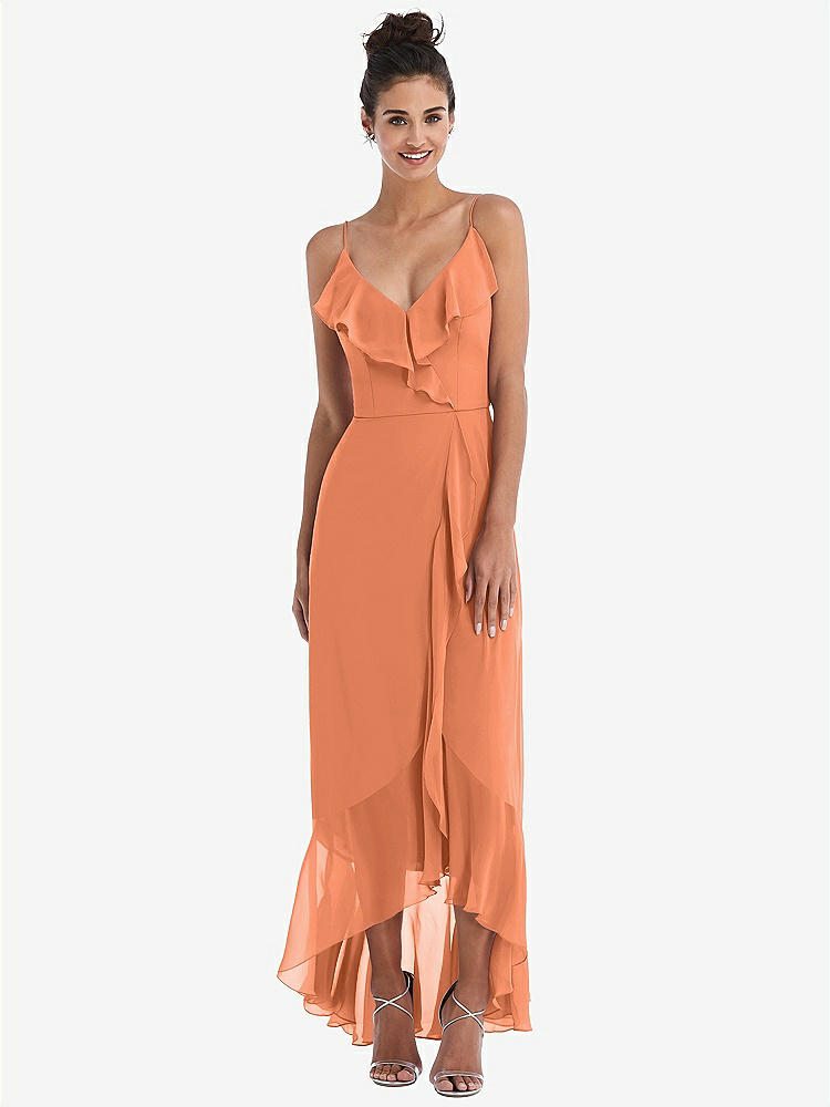【STYLE: TH040】Ruffle-Trimmed V-Neck High Low Wrap Dress【COLOR: Sweet Melon】