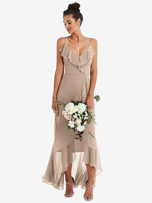 【STYLE: TH040】Ruffle-Trimmed V-Neck High Low Wrap Dress【COLOR: Topaz】