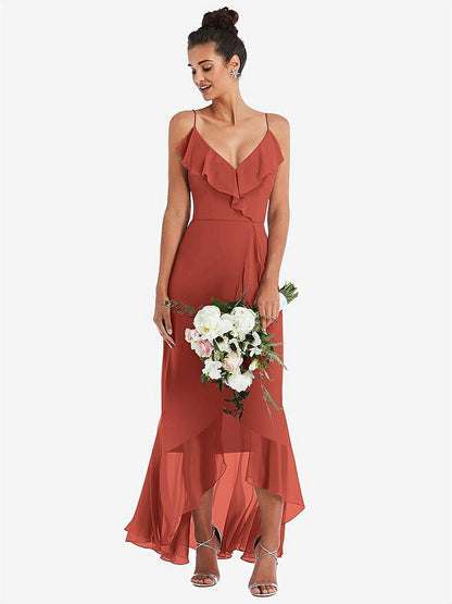 【NEW】【STYLE: TH040】Ruffle-Trimmed V-Neck High Low ラップ ドレス【COLOR: Amber Sunset】【SIZE: 00-30W】