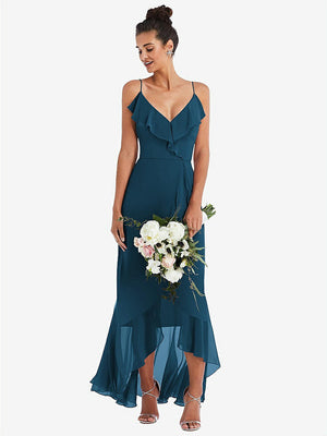 【STYLE: TH040】Ruffle-Trimmed V-Neck High Low Wrap Dress【COLOR: Atlantic Blue】