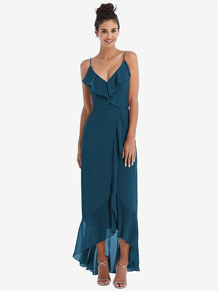 【STYLE: TH040】Ruffle-Trimmed V-Neck High Low Wrap Dress【COLOR: Atlantic Blue】