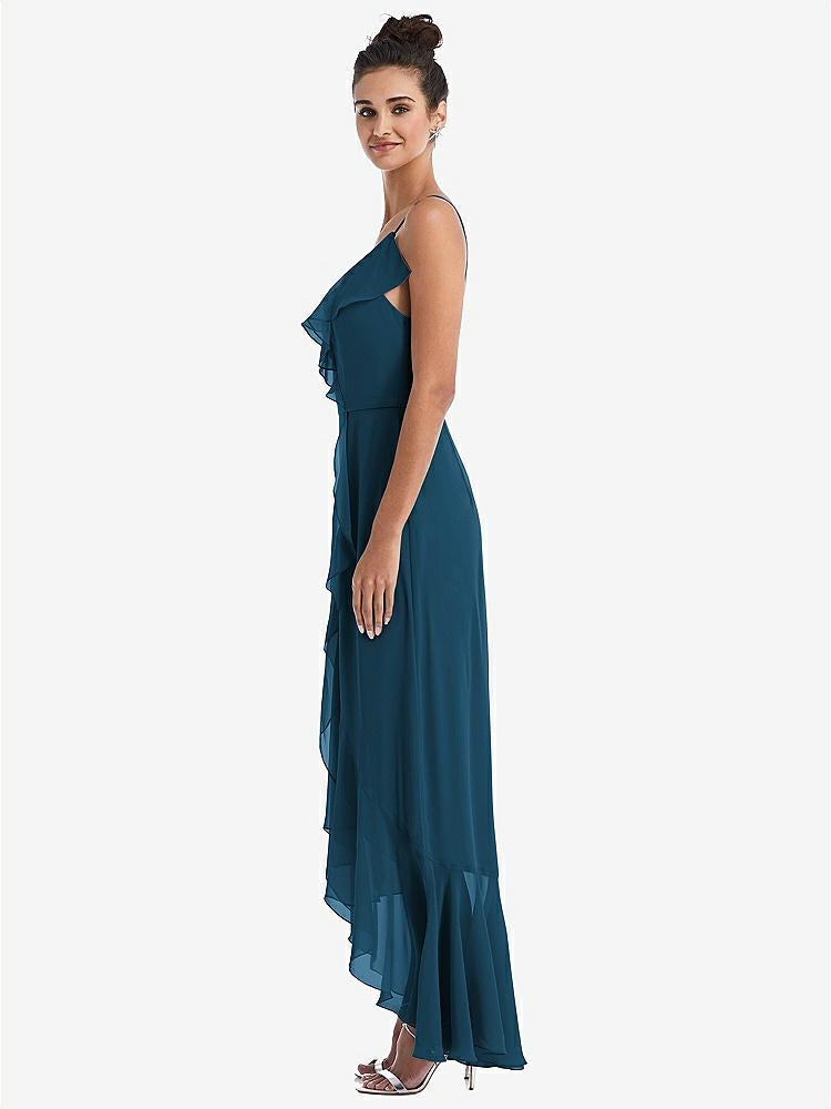 【STYLE: TH040】Ruffle-Trimmed V-Neck High Low Wrap Dress【COLOR: Atlantic Blue】