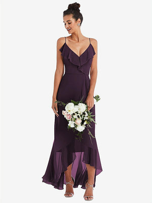 【STYLE: TH040】Ruffle-Trimmed V-Neck High Low Wrap Dress【COLOR: Aubergine】
