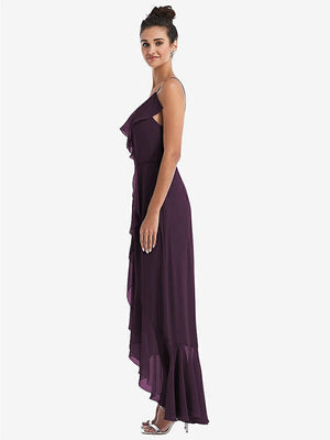 【STYLE: TH040】Ruffle-Trimmed V-Neck High Low Wrap Dress【COLOR: Aubergine】