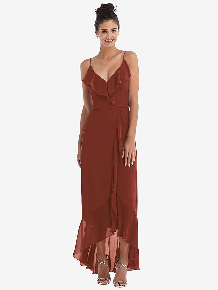 【STYLE: TH040】Ruffle-Trimmed V-Neck High Low Wrap Dress【COLOR: Auburn Moon】