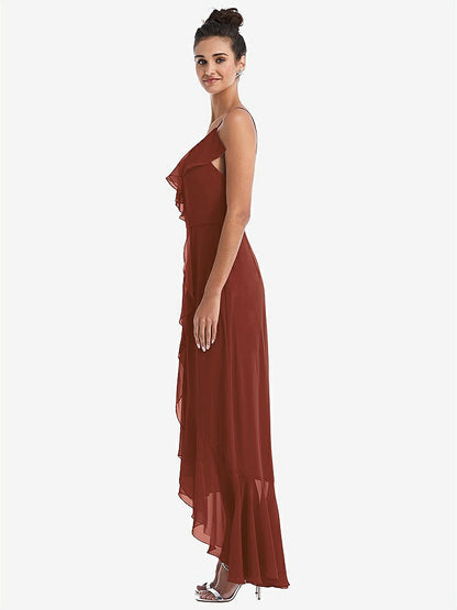 【STYLE: TH040】Ruffle-Trimmed V-Neck High Low Wrap Dress【COLOR: Auburn Moon】