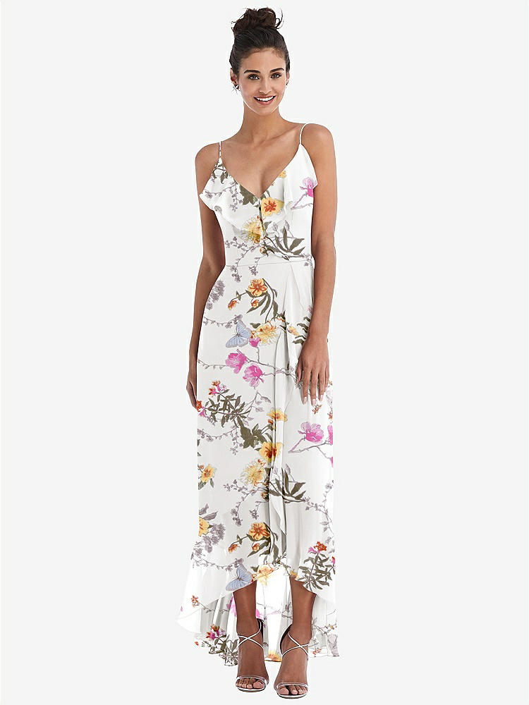 【STYLE: TH040】Ruffle-Trimmed V-Neck High Low Wrap Dress【COLOR: Butterfly Botanica Ivory】