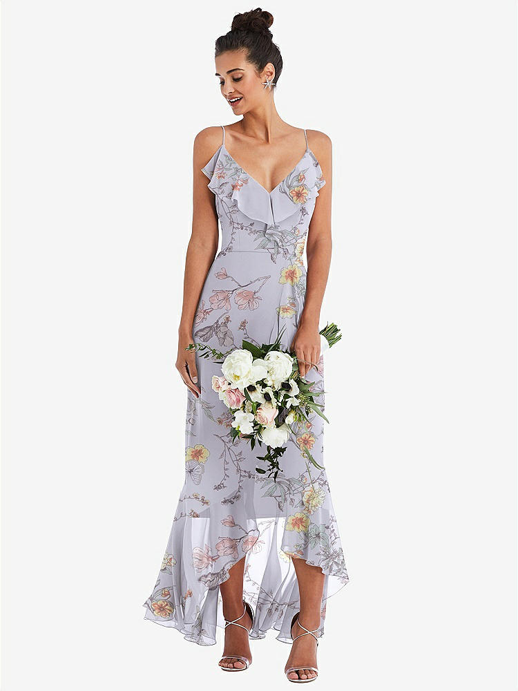 【STYLE: TH040】Ruffle-Trimmed V-Neck High Low Wrap Dress【COLOR: Butterfly Botanica Silver Dove】
