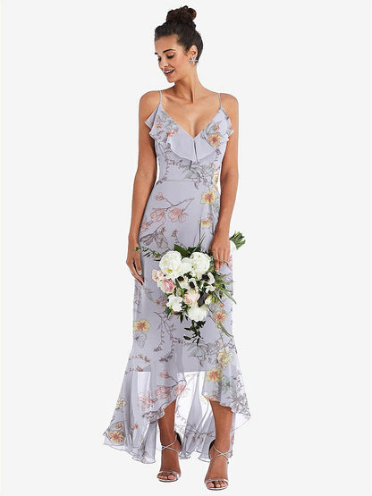 【STYLE: TH040】Ruffle-Trimmed V-Neck High Low Wrap Dress【COLOR: Butterfly Botanica Silver Dove】