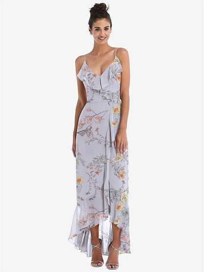 【STYLE: TH040】Ruffle-Trimmed V-Neck High Low Wrap Dress【COLOR: Butterfly Botanica Silver Dove】