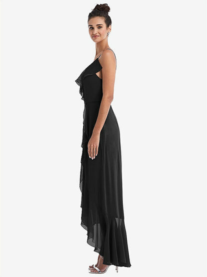 【STYLE: TH040】Ruffle-Trimmed V-Neck High Low Wrap Dress【COLOR: Black】