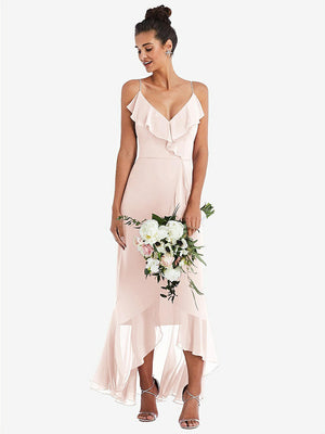 【STYLE: TH040】Ruffle-Trimmed V-Neck High Low Wrap Dress【COLOR: Blush】