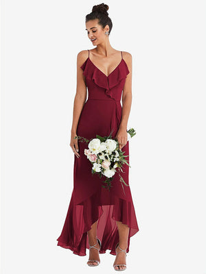 【STYLE: TH040】Ruffle-Trimmed V-Neck High Low Wrap Dress【COLOR: Burgundy】