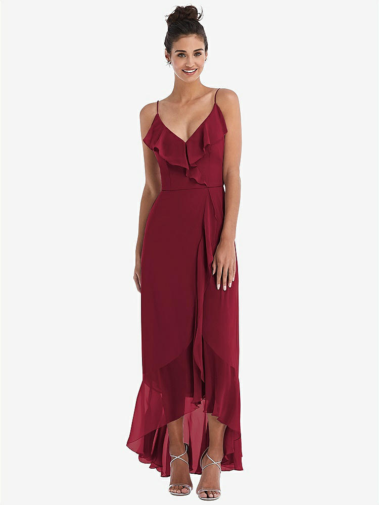 【STYLE: TH040】Ruffle-Trimmed V-Neck High Low Wrap Dress【COLOR: Burgundy】