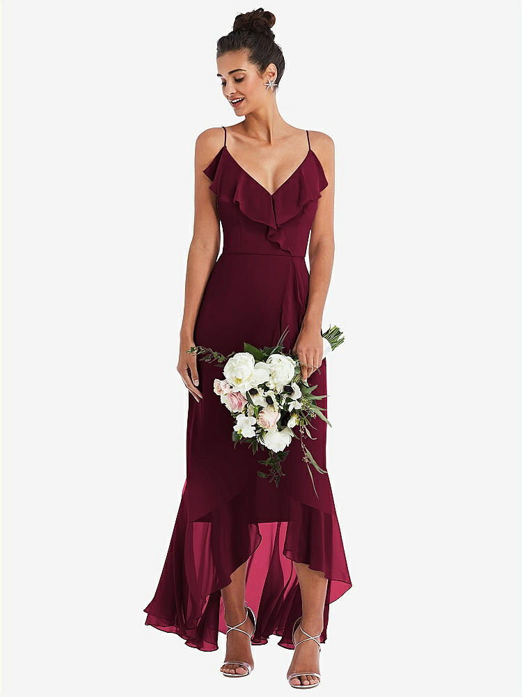 【STYLE: TH040】Ruffle-Trimmed V-Neck High Low Wrap Dress【COLOR: Cabernet】