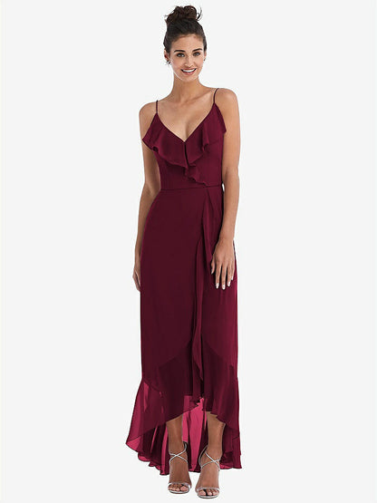 【STYLE: TH040】Ruffle-Trimmed V-Neck High Low Wrap Dress【COLOR: Cabernet】