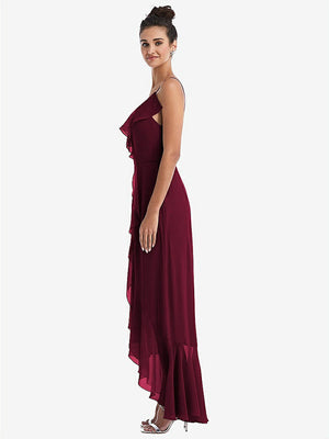【STYLE: TH040】Ruffle-Trimmed V-Neck High Low Wrap Dress【COLOR: Cabernet】