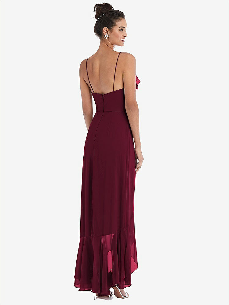 【STYLE: TH040】Ruffle-Trimmed V-Neck High Low Wrap Dress【COLOR: Cabernet】