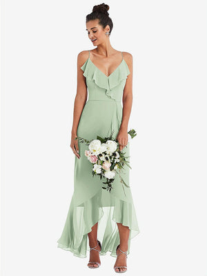 【STYLE: TH040】Ruffle-Trimmed V-Neck High Low Wrap Dress【COLOR: Celadon】