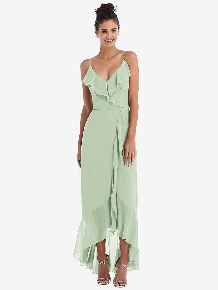 【STYLE: TH040】Ruffle-Trimmed V-Neck High Low Wrap Dress【COLOR: Celadon】