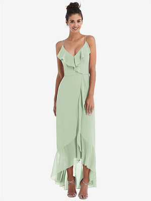【STYLE: TH040】Ruffle-Trimmed V-Neck High Low Wrap Dress【COLOR: Celadon】