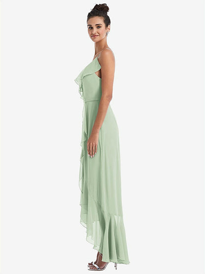 【STYLE: TH040】Ruffle-Trimmed V-Neck High Low Wrap Dress【COLOR: Celadon】