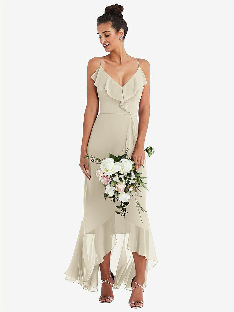 【STYLE: TH040】Ruffle-Trimmed V-Neck High Low Wrap Dress【COLOR: Champagne】