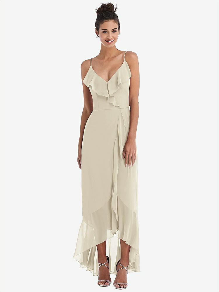 【STYLE: TH040】Ruffle-Trimmed V-Neck High Low Wrap Dress【COLOR: Champagne】