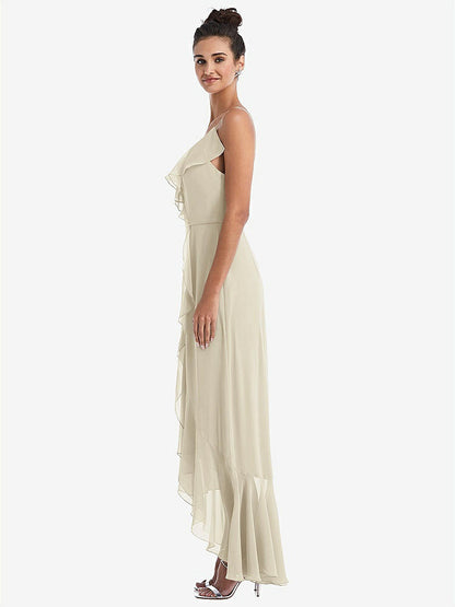 【STYLE: TH040】Ruffle-Trimmed V-Neck High Low Wrap Dress【COLOR: Champagne】