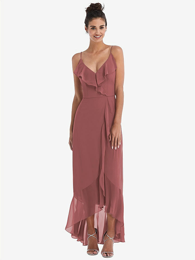 【NEW】【STYLE: TH040】Ruffle-Trimmed V-Neck High Low ラップ ドレス【COLOR: English Rose】【SIZE: 00-30W】