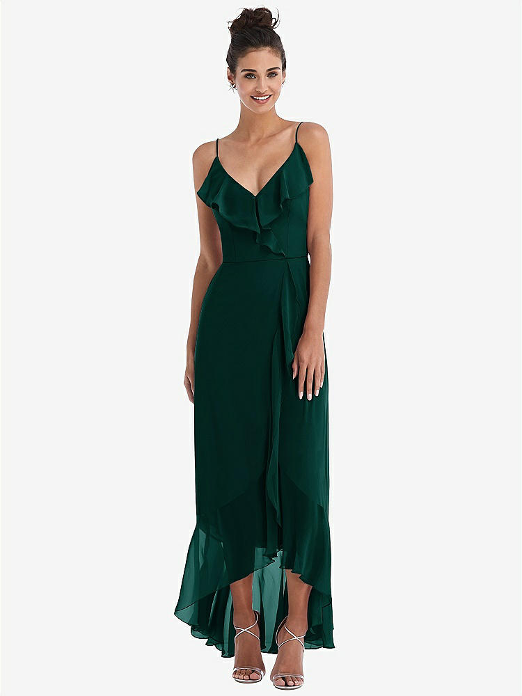 【STYLE: TH040】Ruffle-Trimmed V-Neck High Low Wrap Dress【COLOR: Evergreen】