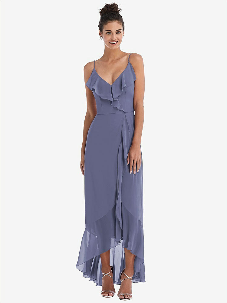 【NEW】【STYLE: TH040】Ruffle-Trimmed V-Neck High Low ラップ ドレス【COLOR: French Blue】【SIZE: 00-30W】