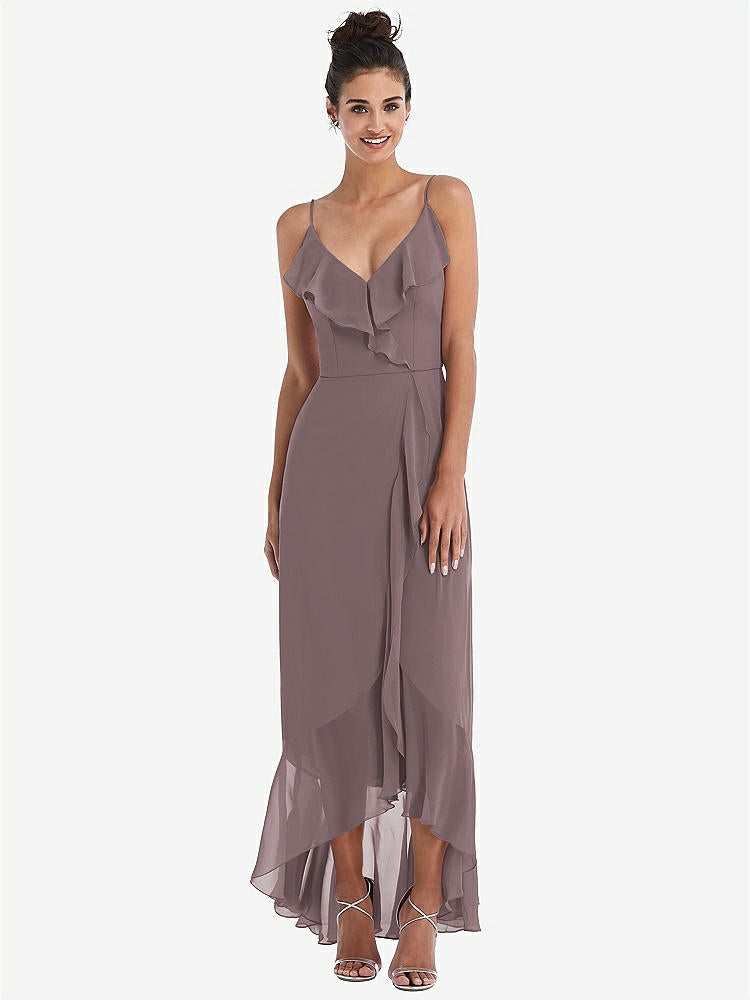 【STYLE: TH040】Ruffle-Trimmed V-Neck High Low Wrap Dress【COLOR: French Truffle】