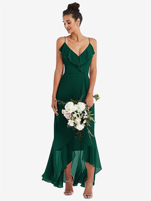 【STYLE: TH040】Ruffle-Trimmed V-Neck High Low Wrap Dress【COLOR: Hunter Green】