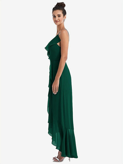 【STYLE: TH040】Ruffle-Trimmed V-Neck High Low Wrap Dress【COLOR: Hunter Green】