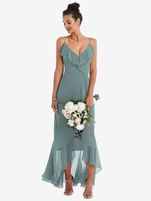 【STYLE: TH040】Ruffle-Trimmed V-Neck High Low Wrap Dress【COLOR: Icelandic】