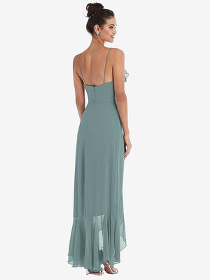 【STYLE: TH040】Ruffle-Trimmed V-Neck High Low Wrap Dress【COLOR: Icelandic】