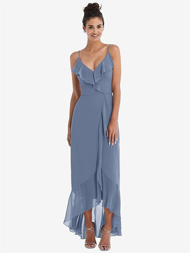 【NEW】【STYLE: TH040】Ruffle-Trimmed V-Neck High Low ラップ ドレス【COLOR: Larkspur Blue】【SIZE: 00-30W】