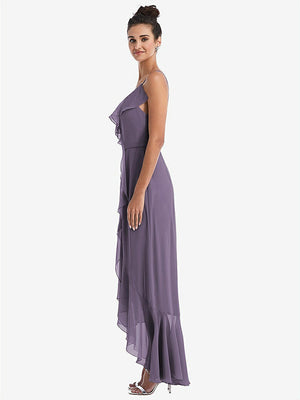 【STYLE: TH040】Ruffle-Trimmed V-Neck High Low Wrap Dress【COLOR: Lavender】
