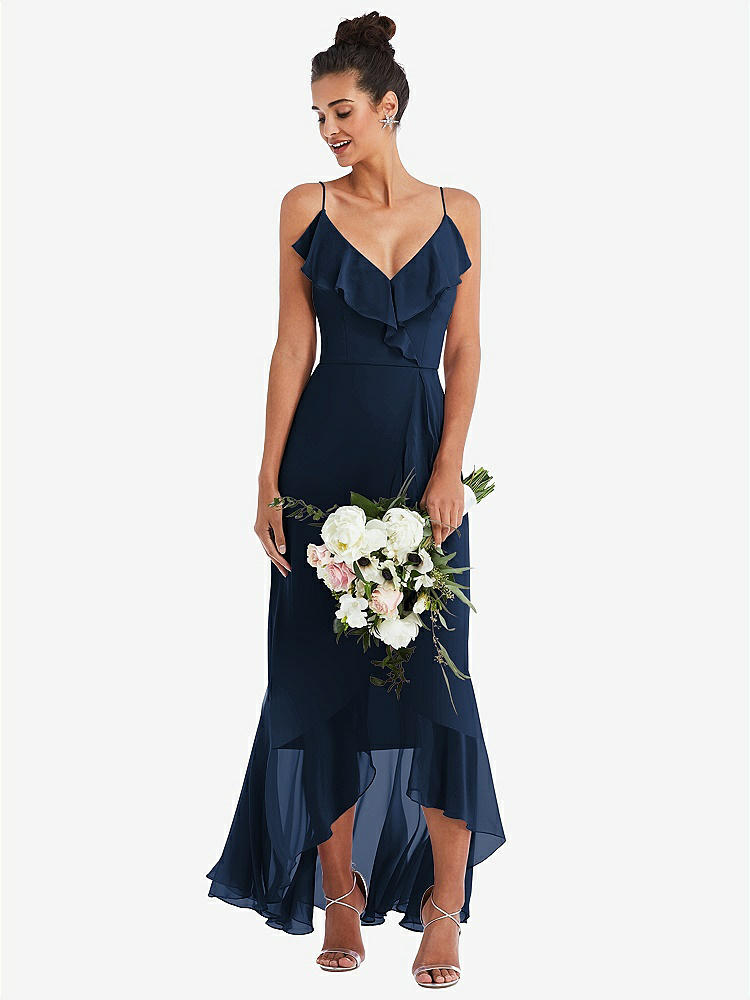 【NEW】【STYLE: TH040】Ruffle-Trimmed V-Neck High Low ラップ ドレス【COLOR: Midnight Navy】【SIZE: 00-30W】