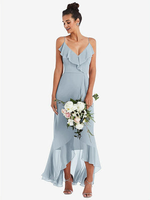 【STYLE: TH040】Ruffle-Trimmed V-Neck High Low Wrap Dress【COLOR: Mist】